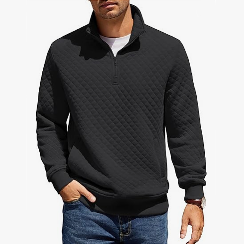 Mens Quarter Zip Pullover Quilted Sweatshirt Knit Long Sleeve Mock Neck Sweater Polo with Pocket