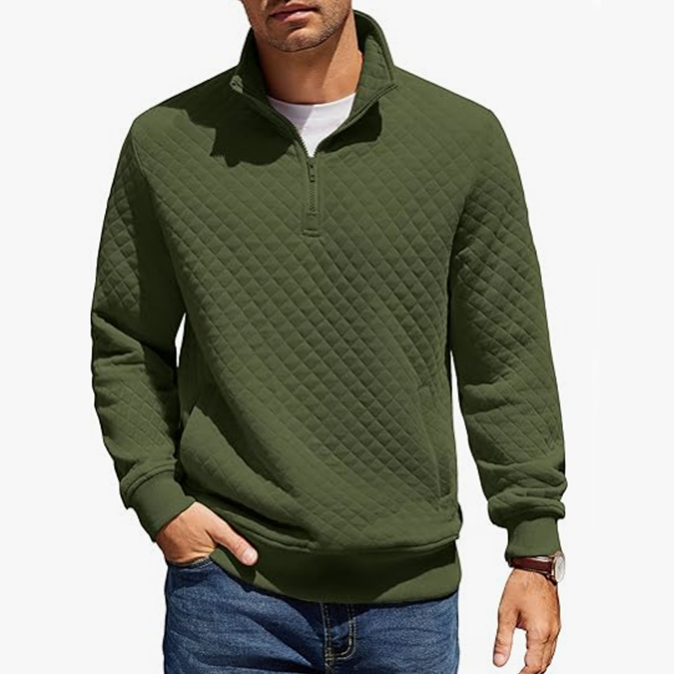 Mens Quarter Zip Pullover Quilted Sweatshirt Knit Long Sleeve Mock Neck Sweater Polo with Pocket - Image 2