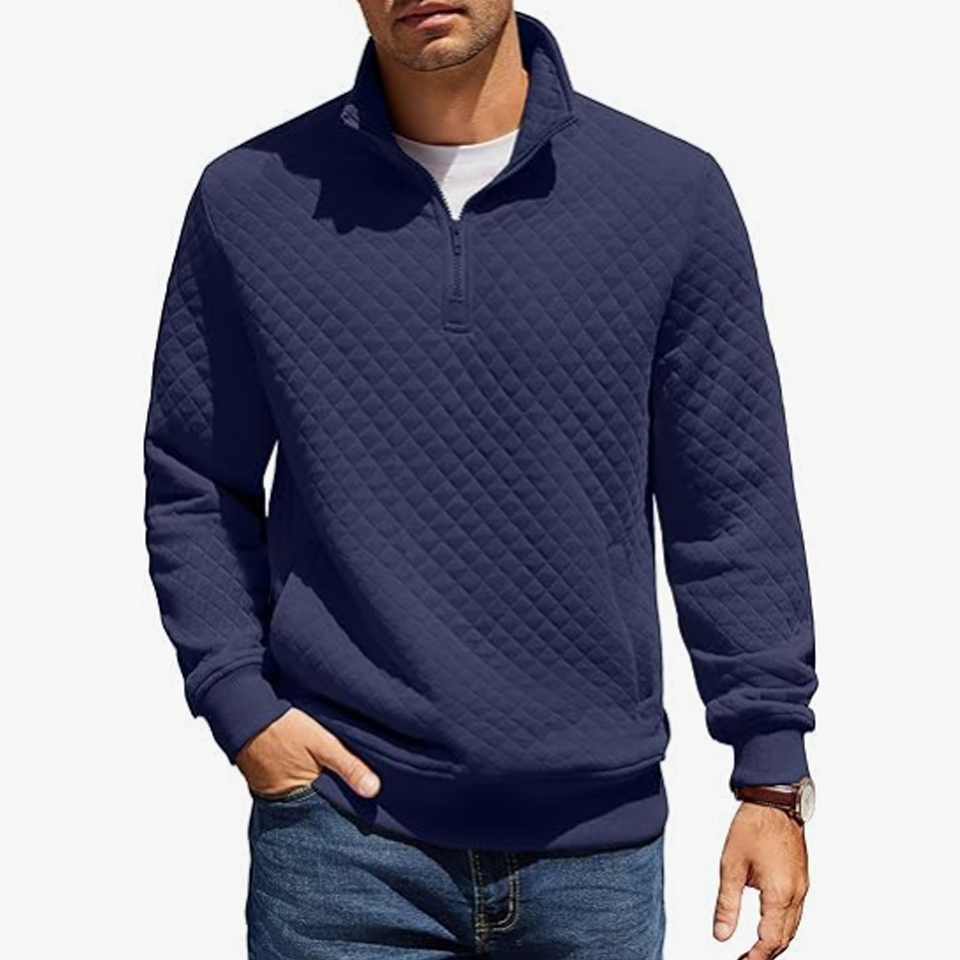 Mens Quarter Zip Pullover Quilted Sweatshirt Knit Long Sleeve Mock Neck Sweater Polo with Pocket - Image 4