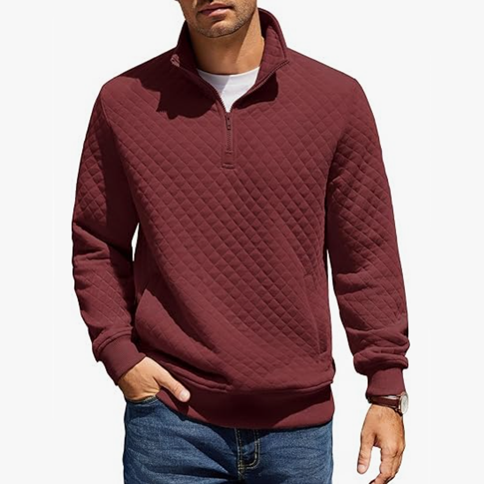 Mens Quarter Zip Pullover Quilted Sweatshirt Knit Long Sleeve Mock Neck Sweater Polo with Pocket - Image 3
